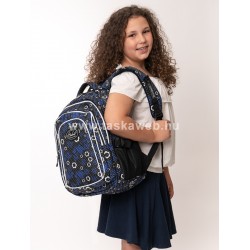 PORTIA 21 ovális Budmil hátizsák, iskolatáska fekete-kék, fehér pettyes-virágos 10110254-S5
