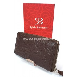 Sylvia Belmonte rózsa mintás, sötétbarna nagy körzippes női bőr pénztárca RO01