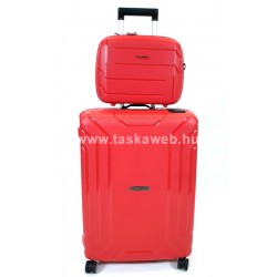 Touareg MATRIX csatos négykerekű, piros közepes bőrönd + kozmetikai táska szett  BD28-piros 2db-os szett