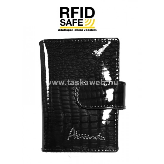 Alessandro Paoli RF védett, fekete hüllőmintás lakk bőr patentos kártyatartó 01-81
