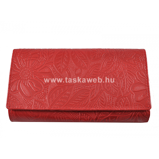 Piros, nyomott leveles-virágos mintás, két oldalas női bőr pénztárca 8674-2