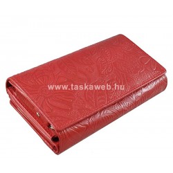 Piros, nyomott leveles-virágos mintás, két oldalas női bőr pénztárca 8674-2